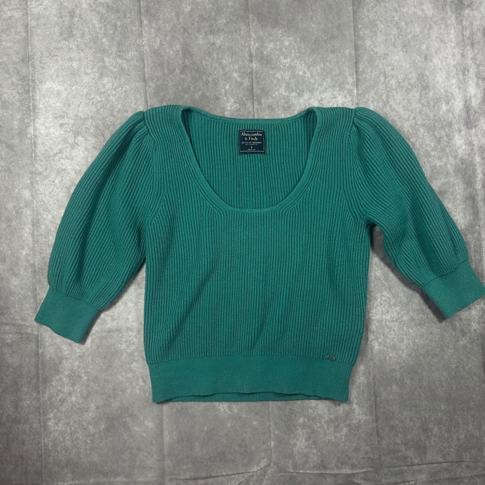 Abercrombie & Fitch Teal Ribbed Puff Sleeve Scoop Neck Knit Sweater S Cottage